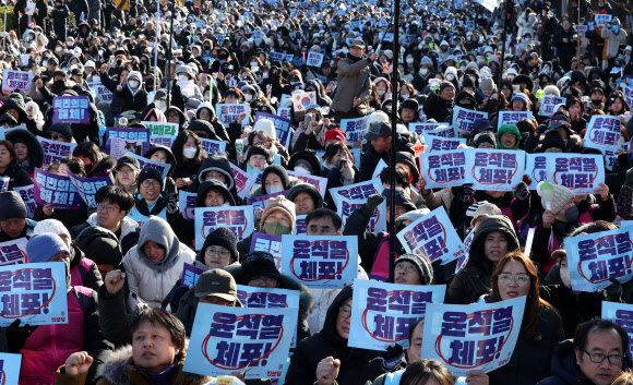 22일 오후 서울 서초구 남태령에서 열린 ‘윤석열 대통령 체포?구속 농민 행진 보장 촉구 시민대회’에서 전국농민회총연맹 전봉준 투쟁단 및 시민들이 구호가 적힌 피켓을 들고 구호를 외치고 있다.  윤석열 대통령의 퇴진을 촉구하며 트랙터 등을 몰고 상경하던 전농 전봉준 투쟁단은 전날 남태령 고개 인근에서 경찰에 저지된 뒤 이틀째 대치를 이어가고 있다. 2024.12.22  연합뉴스
