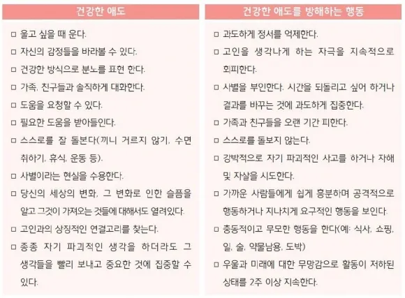 국가트라우마센터 애도상담프로그램 워크북에서 안내하는 건강한 애도와 건강한 애도를 방해하는 행동. 2024.12.30 대한신경정신의학회·한국트라우마스트레스학회 제공