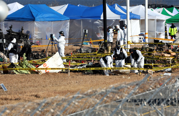 30일 오후 전남 무안군 무안국제공항 제주항공 여객기 참사 현장에서 경찰 과학수사대가 현장감식을 하고 있다. 2024.12.30  연합뉴스