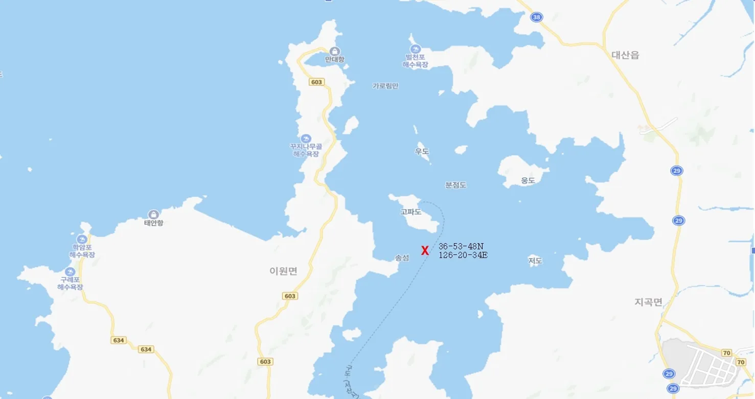 83t급 차도선 서해호 전복 사고 위치. 충남도 제공
