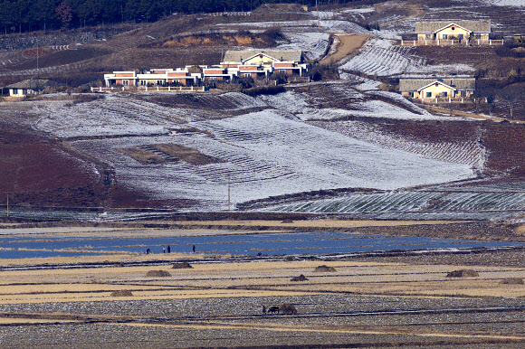 북한이 ‘신형 극초음속 중장거리 탄도미사일’ 시험발사에 성공했다고 주장한 7일 경기도 파주시 오두산 통일전망대에서 바라본 북한 황해북도 개풍군에서 주민이 소 달구지를 몰고 있다.  2025.1.7  연합뉴스