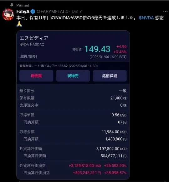엔비디아 주식을 11년간 보유했다는 한 일본인이 5억엔(약 46억원)의 수익을 올린 자신의 계좌를 인증했다. 엑스(옛 트위터) 캡처
