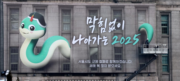 23일 서울 중구 서울도서관 외벽 대형 글판인 서울꿈새김판이 푸른 뱀의 해를 맞아 “막힘없이 나아가는 2025” 문구로 새로 꾸며져 있다. 2025.1.23  연합뉴스