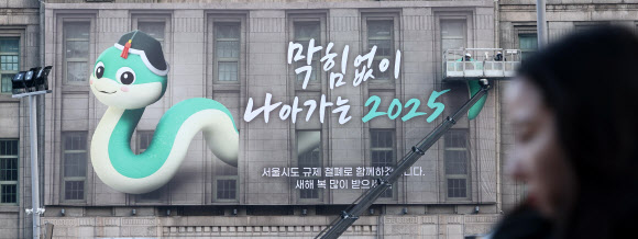23일 서울 중구 서울도서관 외벽 대형 글판인 서울꿈새김판이 푸른 뱀의 해를 맞아 “막힘없이 나아가는 2025” 문구로 새로 꾸며져 있다. 2025.1.23  연합뉴스
