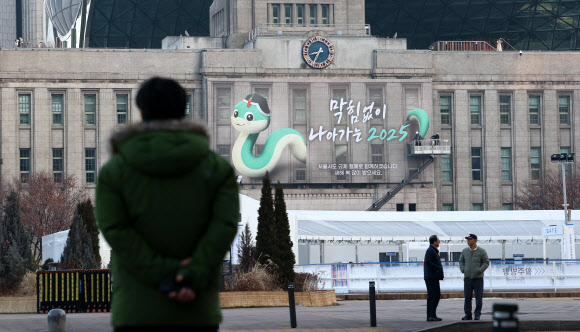 23일 서울 중구 서울도서관 외벽 대형 글판인 서울꿈새김판이 푸른 뱀의 해를 맞아 “막힘없이 나아가는 2025” 문구로 새로 꾸며져 있다. 2025.1.23  연합뉴스