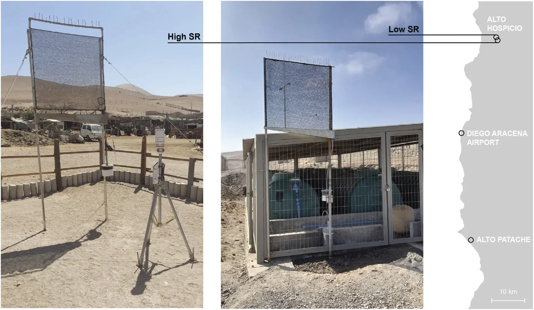 연구팀이 개발한 ‘안개 수집기’. 두 개의 기둥 사이에 그물망을 쳐놓은 비교적 간단한 장치이지만, 1㎡당 하루 최대 10ℓ의 안개수가 수집되는 등 물 부족 해결의 대안으로 눈길을 끈다.

칠레 마요르대 제공