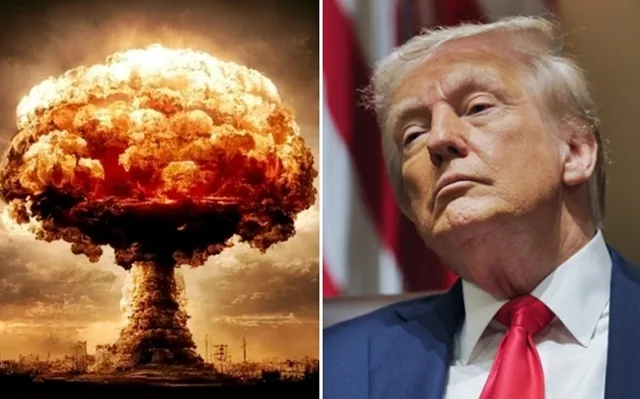 도널드 트럼프(오른쪽) 미국 대통령. 왼쪽은 핵 폭발로 인한 버섯 구름. AP 연합뉴스/123rf 자료사진