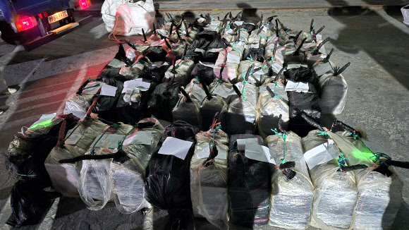 관세청과 해양경찰청은 지난 2일 강릉시 옥계항에 정박한 외국 선박에서 코카인으로 추정되는 대량의 마약을 적발해 조사 중이라고 밝혔다.  합동 검색팀은 선박 기관실 뒤에 마련된 밀실 내부를 집중적으로 수색해 1kg 단위의 코카인 클록 수십개가 들어있는 박스 57개를 발견했다고 말했다. 이는 중량 2t(톤), 시가 1조원 상당으로 6천700만명이 동시에 투약할 수 있는 규모다.  2025.4.3. 관세청 제공