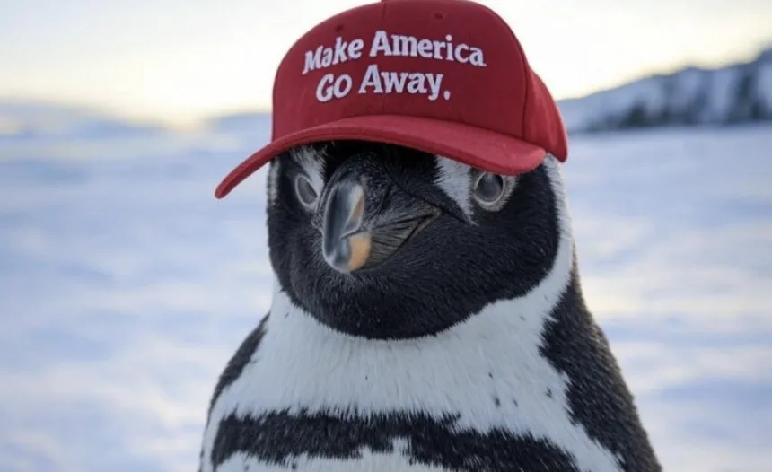 최근 SNS에서 퍼지고 있는 밈. 트럼프 대통령이 입버릇처럼 말하는 ‘미국을 다시 위대하게’(Make America Great Again) 구호를 패러디한 ‘미국은 꺼지라고 해’(Make America Go Away) 모자를 쓴 펭귄 사진이 등장했다. 엑스 캡처