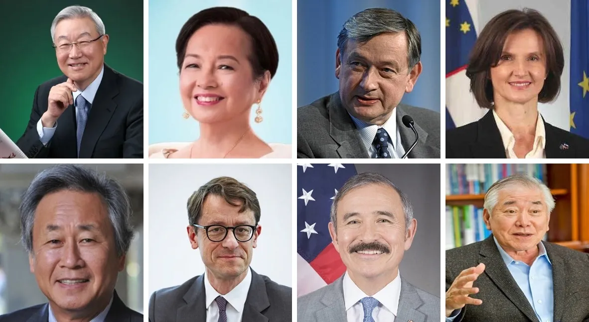 왼쪽 위부터 김성환 동아시아재단 이사장, 글로리아 마카파갈 아로요 전 필리핀 대통령, 다닐로 튀르크 전 슬로베니아대통령, 멜리타 가브리츠 슬로베니아 외교차관, 김숙 전 주UN대한민국 대사, 필립 베르투 주한 프랑스대사, 해리 해리스 전 주한 미 대사, 문정인 연세대 명예특임교수. 제주평화연구원 제공