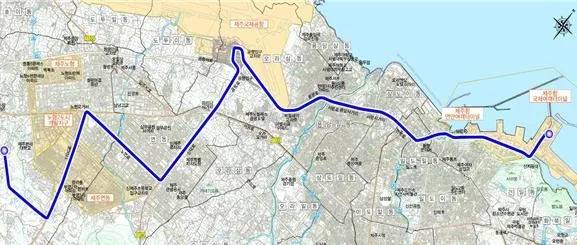 제주도가 우선추진하는 수소트램 노선도. 제주항, 동문시장, 제주공항, 연동사거리, 노형오거리, 1100로를 연결하는 12.91㎞ 구간으로 총사업비는 약 5293억원이다.  제주도 제공