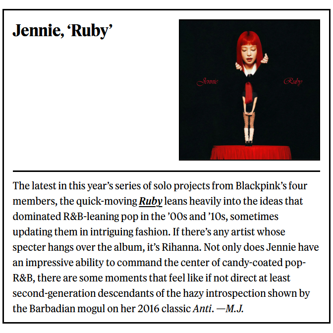 롤링스톤이 제니의 앨범 ‘루비’(Ruby)를 2025년 최고의 앨범으로 선정했다. 롤링스톤 공식 홈페이지 캡처