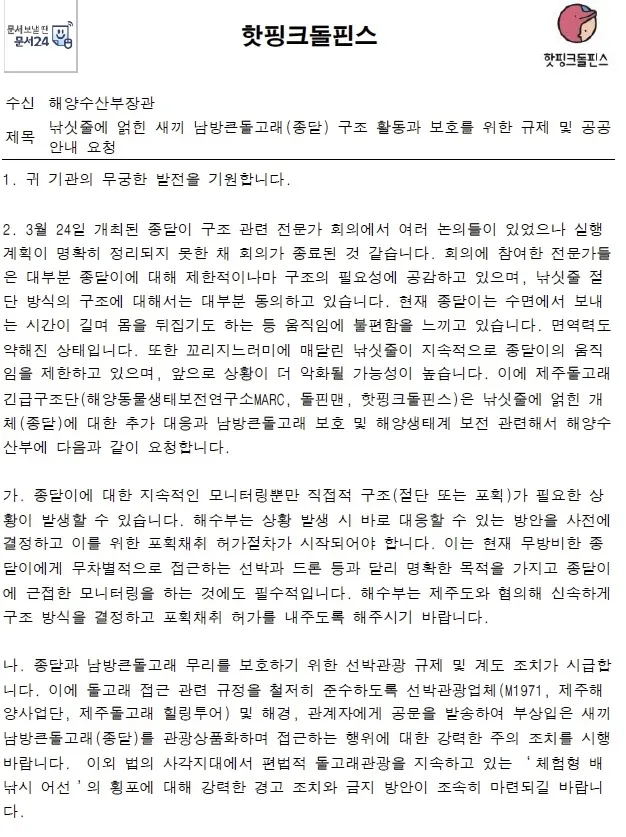 서울신문이 단독 입수한 핫핑크돌핀스가 해양수산부장관 앞으로 발송한 ‘낚싯줄에 얽힌 새끼 남방큰돌고래(종달) 구조 활동과 보호를 위한 규제 및 공공안내 요청’ 곰문의 내용. 핫핑크돌핀스 제공