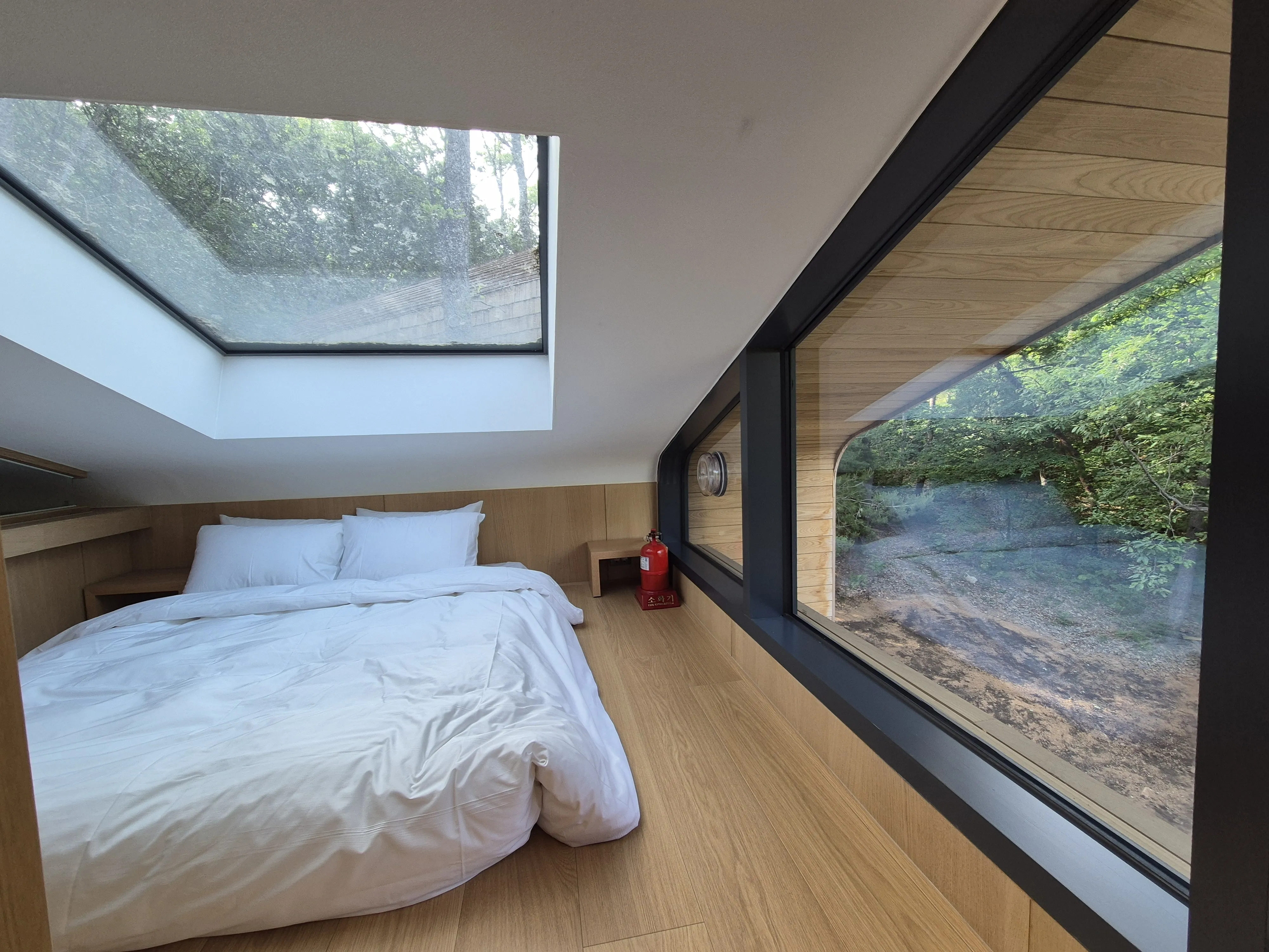 서울 노원구 자연휴양림 수락휴에선 트리하우스의 다락방 창 밖으로 푸른 신록을 감상할 수 있다. 
서유미 기자