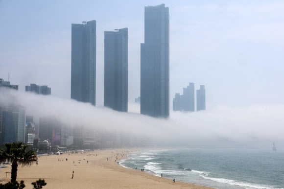 전국에 무더위가 이어진 18일 부산 해운대해수욕장에 해무가 밀려와 장관을 연출하고 있다. 2025.6.18. 연합뉴스