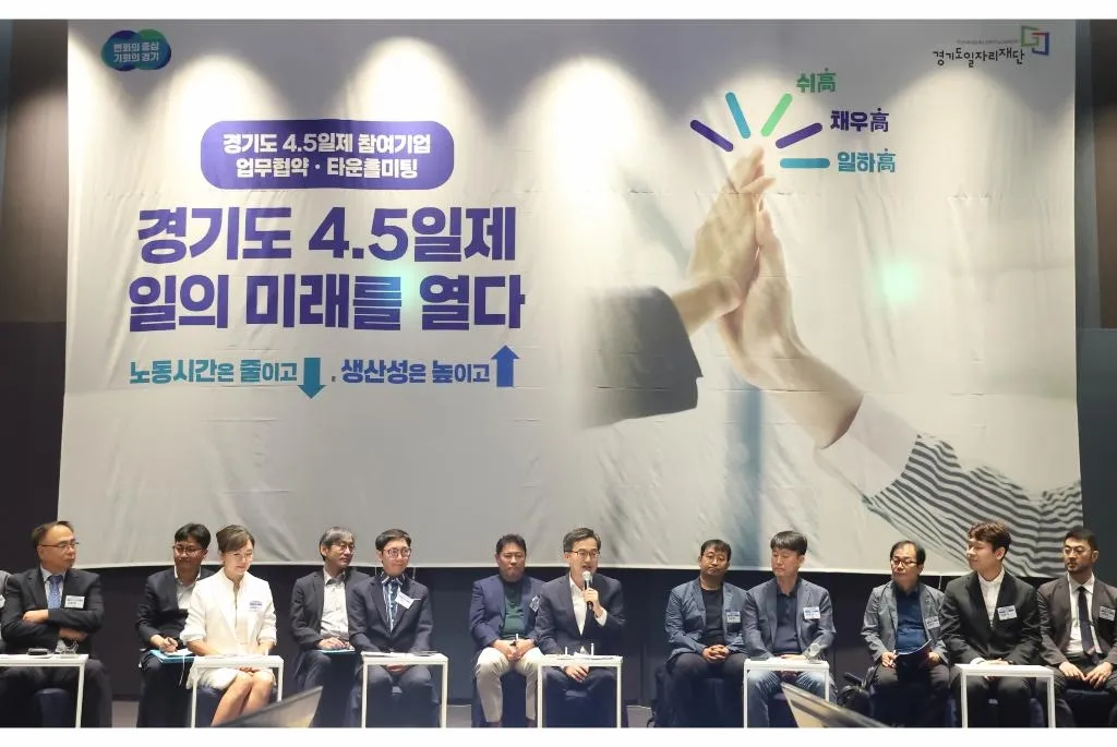 19일 열린 주4.5일제 시범사업 업무협약에서 김동연 경기도지사가 인사말을 하고 있다. (경기도 제공)