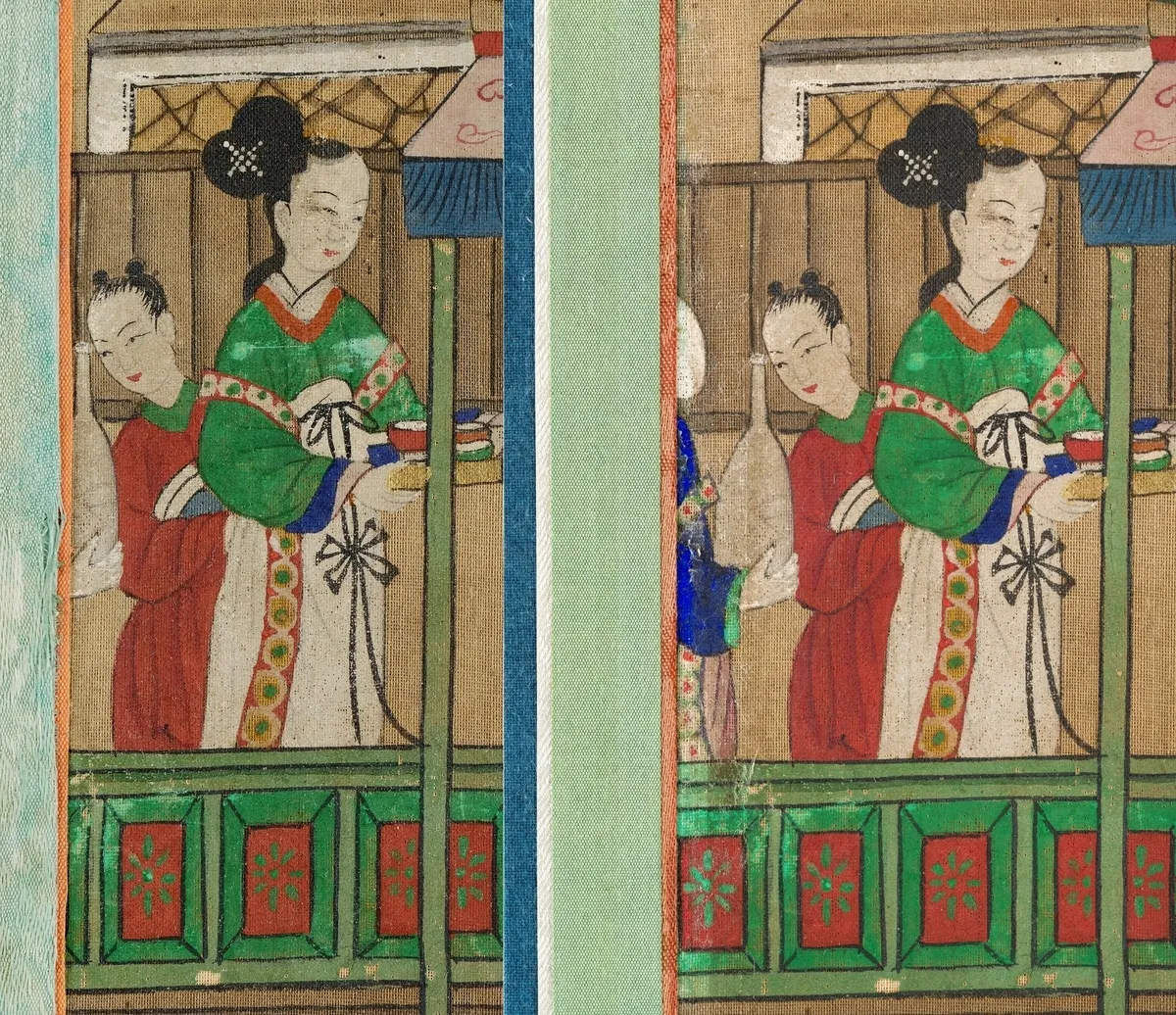 복원 전(왼쪽)과 복원 후(오른쪽)의 모습. 숨겨져 있던 그림 일부가 드러났다.
국가유산청 제공