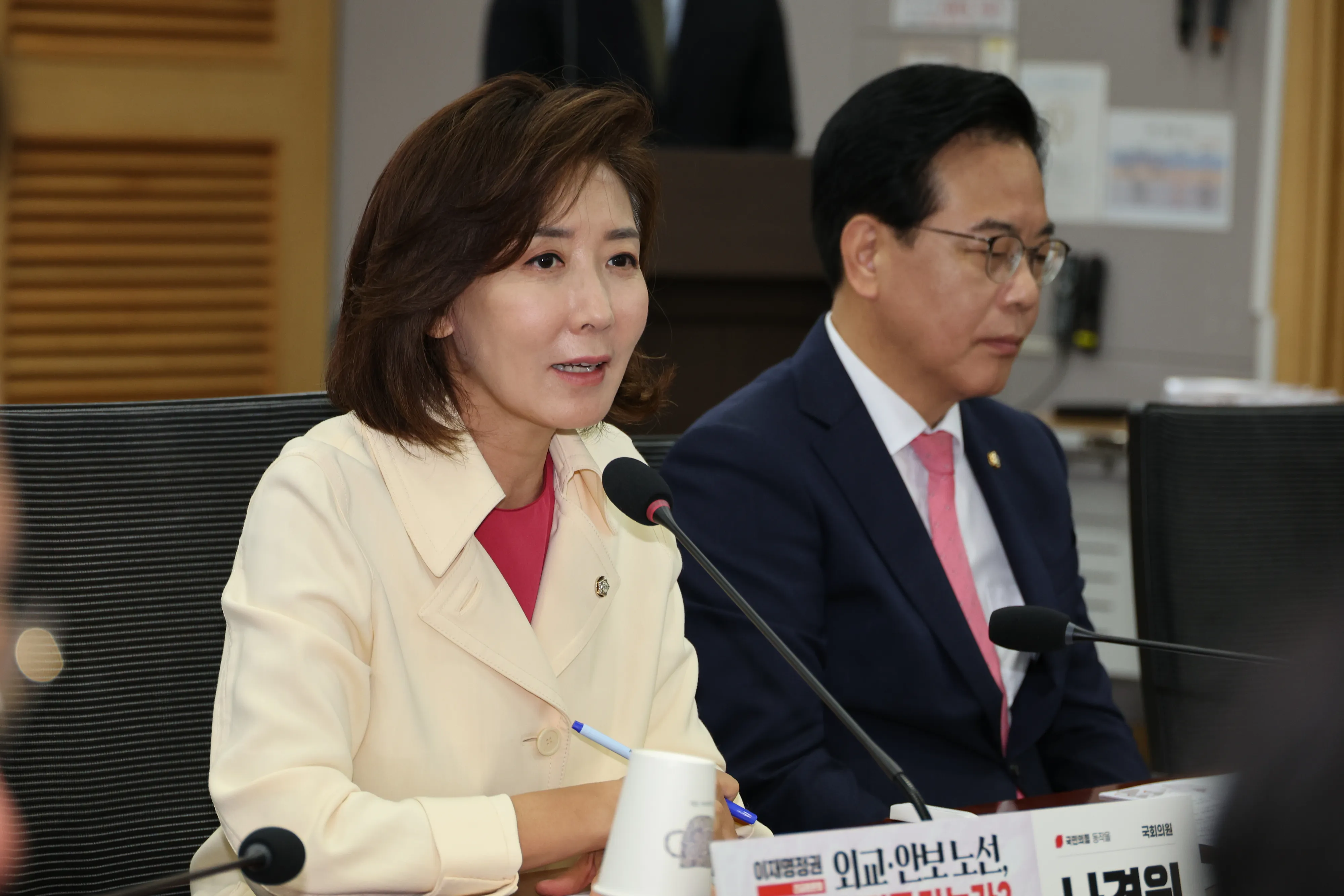 나경원(왼쪽) 국민의힘 원내대표가 26일 국회 의원회관에서 열린 ‘이재명정권 외교·안보 노선, 어디로 가는가’ 긴급토론회에서 발언하고 있다. 뉴시스