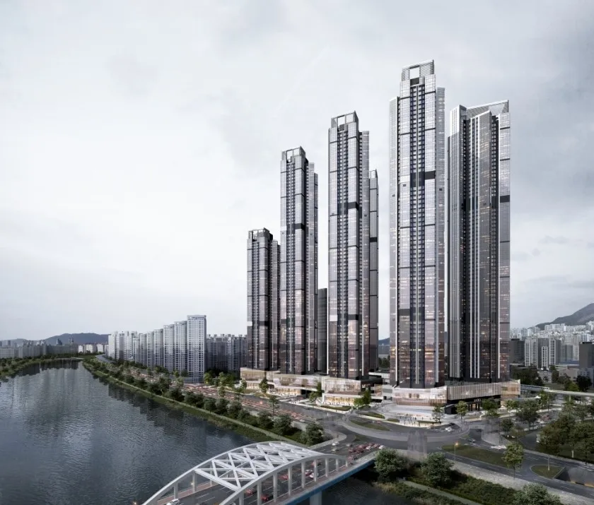 부산 센텀시티에 들어서는 ‘르엘 리버파크 센텀’ 정면투시도. 롯데건설, 백송홀딩스 제공