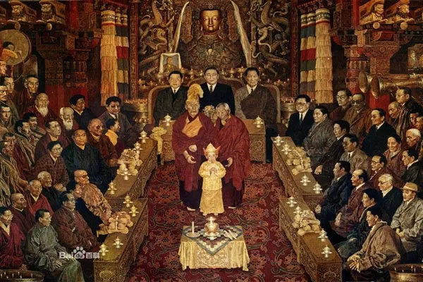 1995년 판첸 라마 선정 과정을 담은 중국 공산당의 선전 사진으로 금병 추첨을 통한 후계자 선정을 공산당 간부들이 뒤에 앉아 지켜보고 있다. 바이두 캡처