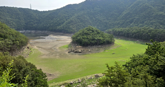 장마철이지만 강원 동해안에는 마른장마로 가뭄이 지속돼 피해가 우려되는 가운데 7일 강릉시민 식수원인 오봉저수지 상류가 바닥을 드러내고 있다. 오봉저수지 저수율은 현재 33.3%로 가뭄이 극심했던 작년의 52.2%, 평년의 65%보다도 매우 낮은 수준이다. 2025.7.7 연합뉴스