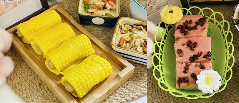 중국 간쑤성 텐수이시의 한 유치원에서 집단 납중독 사건이 발생한 가운데, 수사 결과 유치원 조리실 직원들이 원아들에게 제공한 ‘옥수수 롤 소시지’(왼쪽)과 ‘삼색 대추찜떡’에 식품에 사용할 수 없는 물감을 칠한 것으로 드러났다. 자료 : 소후닷컴