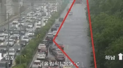 호우로 잠긴 목동 IC 인근 도로  8일 오후 서울에 갑자기 폭우가 내리면서 도로 등 곳곳이 침수됐다. 사진은 이날 폭우로 침수된 목동 IC 인근 도로. 2025.7.8 토피스 캡처