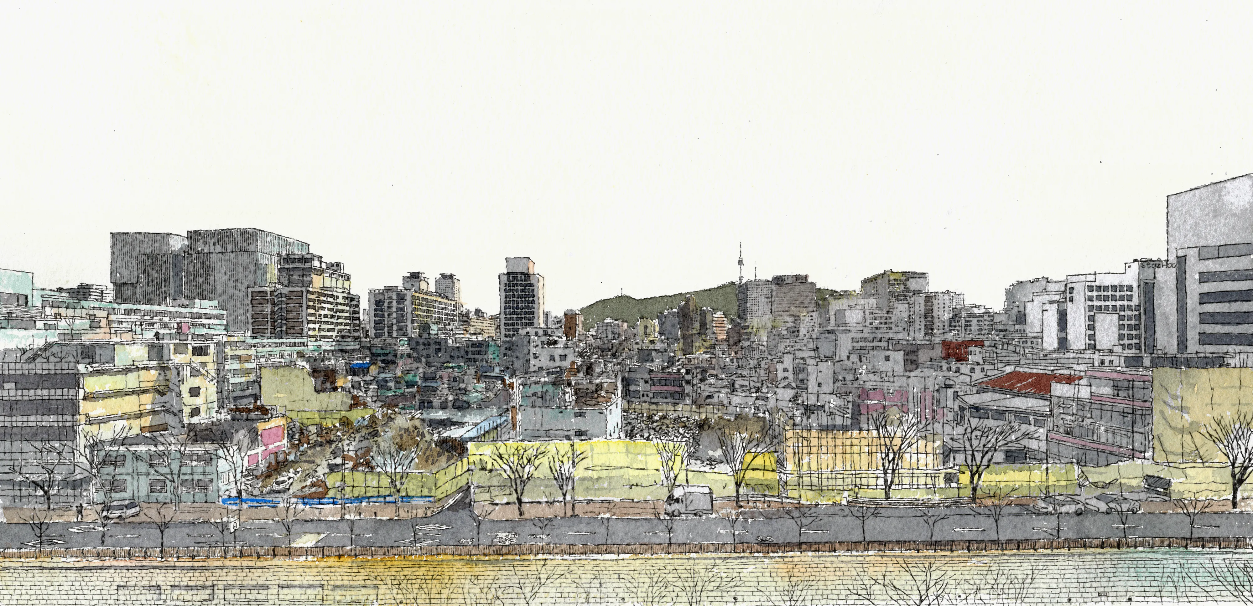서울 중구 을지로 풍경. 이곳에선 도시가 가진 오래된 결을 모두 지우면서 재개발이 급하게 진행되고 있다. 
임형남 그림