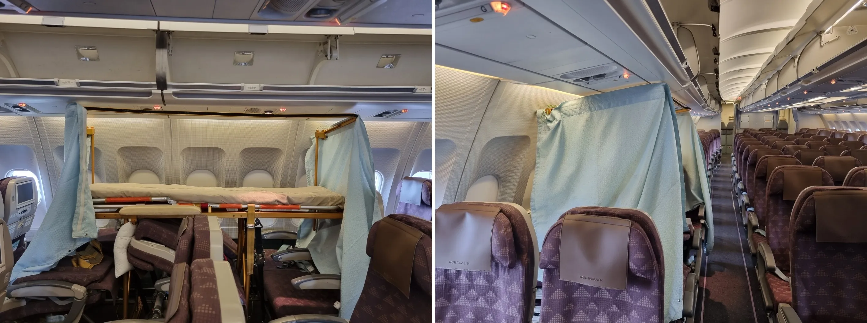 의료용 침대(스트레처)로 변한(왼쪽) 모습과 커튼으로 환자이송을 가린 모습. 대한항공 제주여객서비스지점 제공