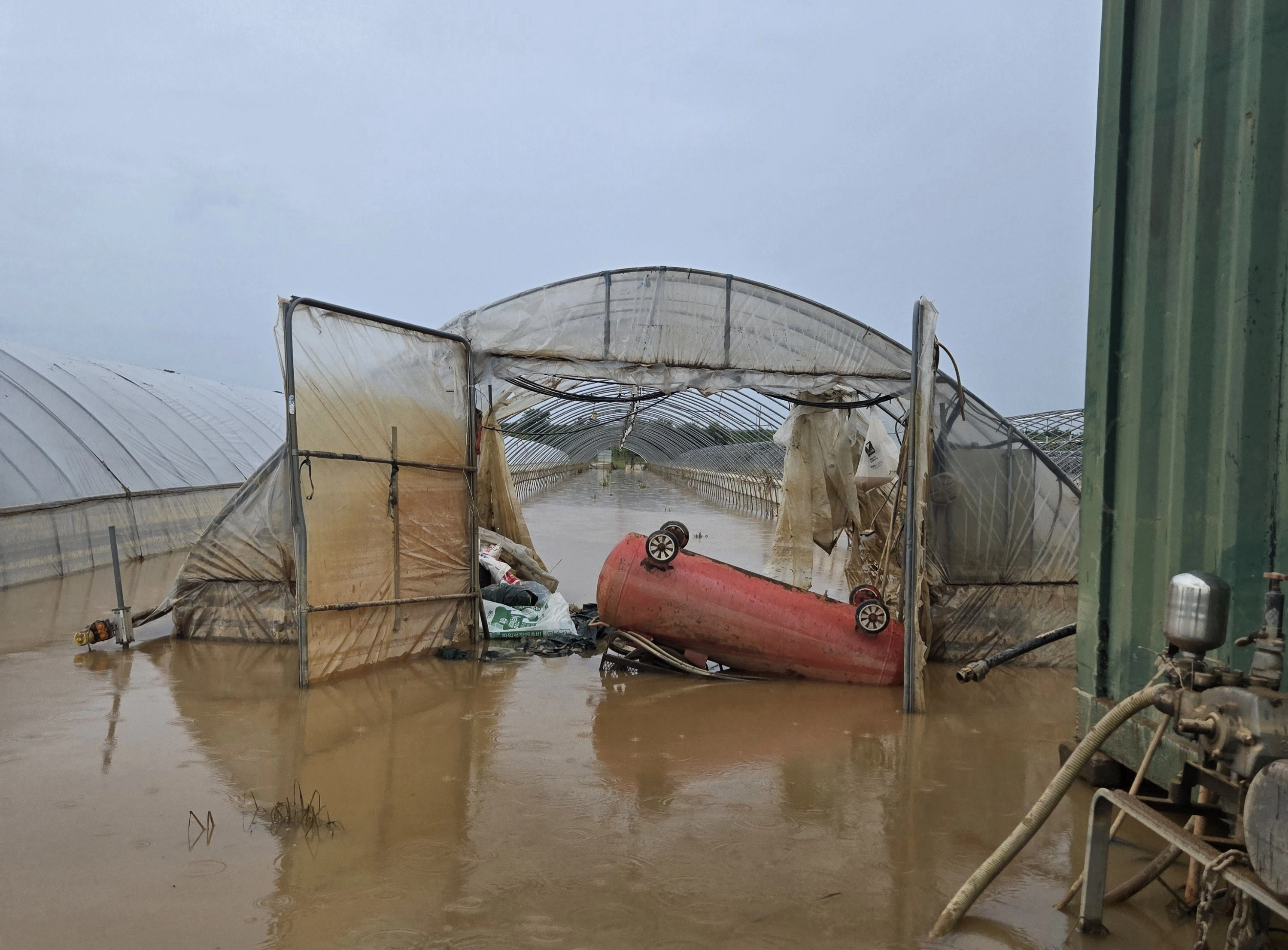 전날 내린 폭우로 충남 예산군 삽교읍 하포리 마을 비닐하우스가 침수돼 있다. 이종익 기자