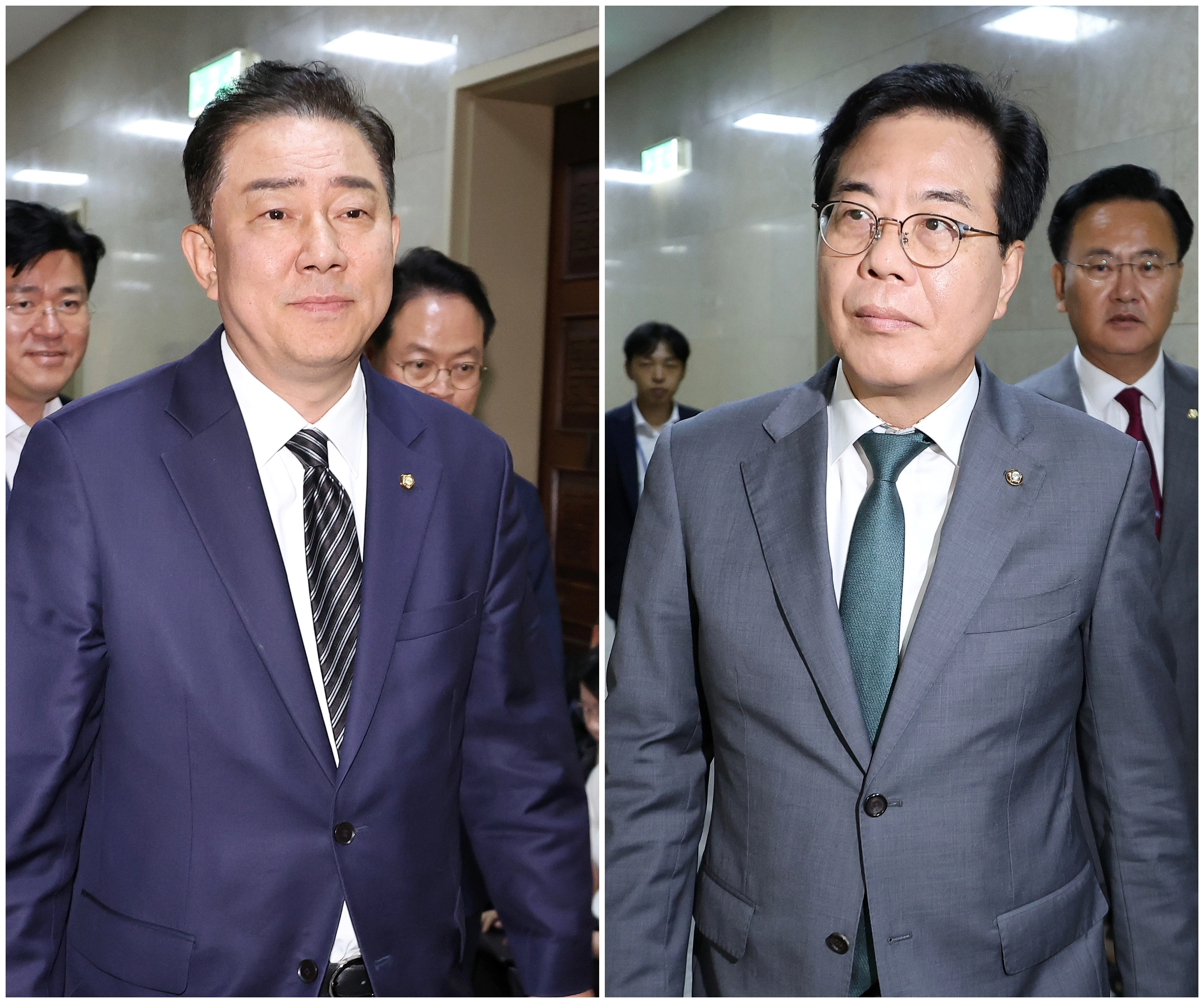 김병기(왼쪽) 더불어민주당 당대표 직무대행 겸 원내대표와 송언석 국민의힘 비상대책위원장 겸 원내대표가 18일 국회에서 장관 후보자들의 인사청문 보고서 채택 등을 논의하기 위해 각각 운영위원장실로 들어가고 있다. 2025.7.18 연합뉴스