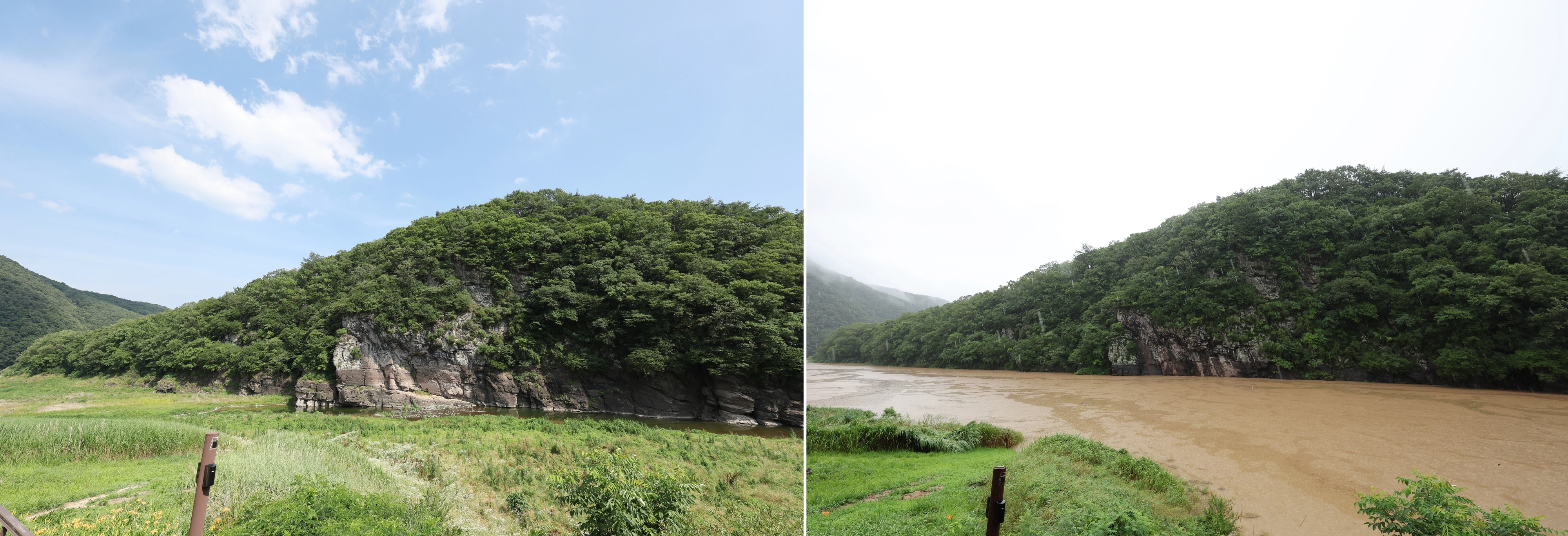 19일 울산 울주 대곡리 반구대 암각화가 호우에 사연댐 수위가 상승하면서 물에 잠겨 보이지 않고 있는 모습(오른쪽 사진). 왼쪽 사진은 지난 3일 동일한 구도로 촬영한 반구대 암각화 모습. 2025.7.19 연합뉴스