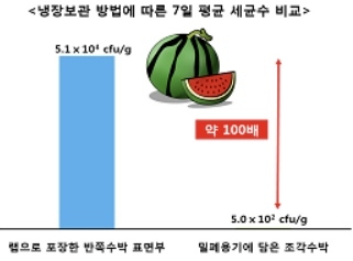 한국소비자원이 자른 수박을 7일간 냉장 보관한 뒤 수박 표면의 세균 수를 측정했다. 자료 : 한국소비자원