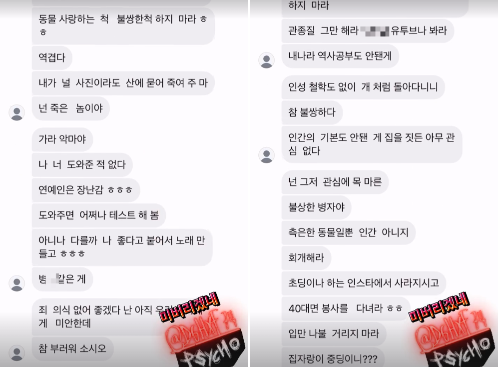 브라이언이 자신의 소셜미디어(SNS)에 올린 악플 피해 일부(사진 일부 모자이크 처리함). 브라이언 인스타그램 캡처
