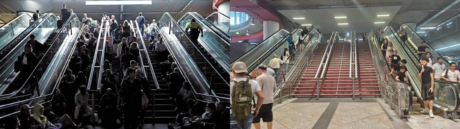 지난 4월 28일 발생한 대정전 사태로 스페인과 포르투칼이 순식간에 마비됐다. 철도와 항공, 통신 등이 먹통되면서 나라 전체가 혼란에 빠졌으며 전력 공급이 완전히 복구되는데까지 정작 18시간이 걸렸다. 정전 당시 마드리드 아토차(Atocha) 기차역은 발이 묶인 승객들이 계단에서 대기하면서 아수라장이 됐다.(왼쪽 사진). 지난 4일 아토차 기차역에서 승객들이 에스칼레이터를 타고 질서있게 오르내리고 있다.(오른쪽 사진) 로이터 연합뉴스·마드리드 장진복 기자