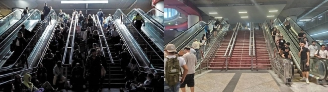 지난 4월 28일 발생한 대정전 사태로 스페인과 포르투칼이 순식간에 마비됐다. 철도와 항공, 통신 등이 먹통되면서 나라 전체가 혼란에 빠졌으며 전력 공급이 완전히 복구되는데까지 정작 18시간이 걸렸다. 정전 당시 마드리드 아토차(Atocha) 기차역은 발이 묶인 승객들이 계단에서 대기하면서 아수라장이 됐다.(왼쪽 사진). 지난 4일 아토차 기차역에서 승객들이 에스칼레이터를 타고 질서있게 오르내리고 있다.(오른쪽 사진) 
로이터 연합뉴스·마드리드 장진복 기자