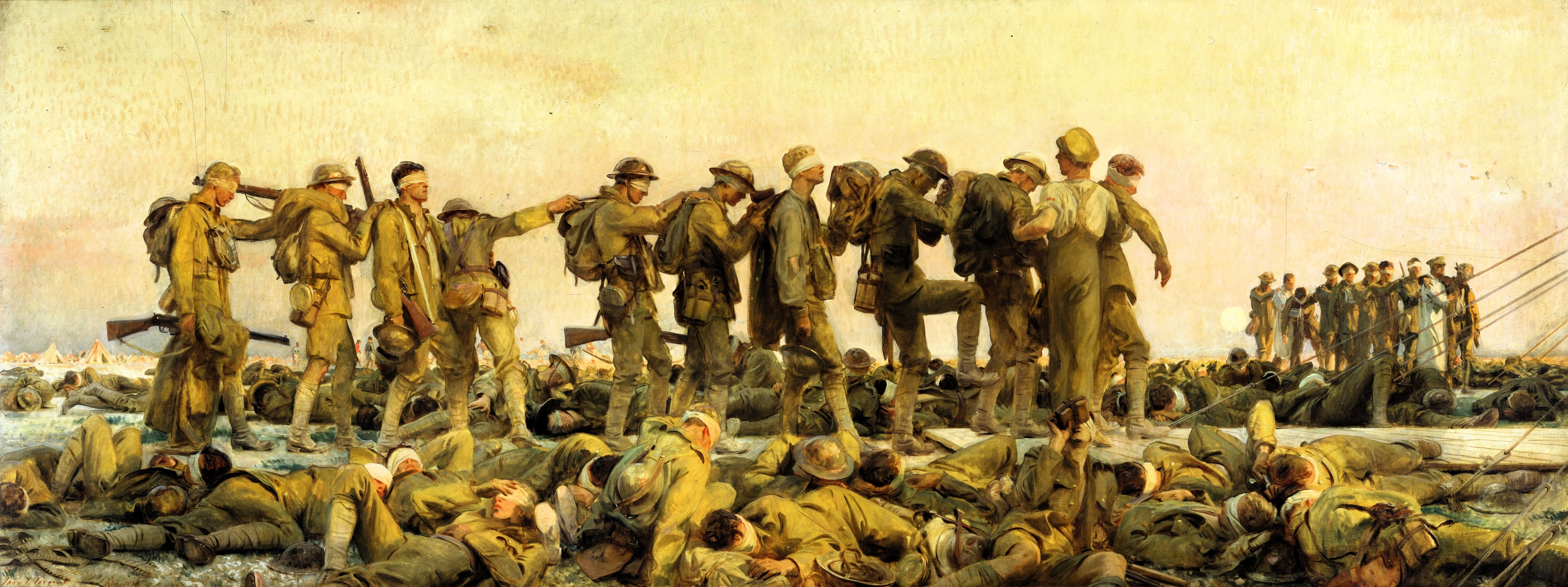 미국의 화가 존 싱어 사전트의 1919년 작품 ‘독가스에 중독된’(gassed). 1차 세계대전 당시 독일군의 겨자가스 공격으로 다친 군인들의 모습을 그린 작품으로 전쟁의 참상을 그대로 드러내는 대표적인 전쟁화로 평가받는다. 1차 세계대전의 피해가 컸던 이유는 발달한 과학기술을 기반으로 등장한 독가스, 탱크, 기관총 등이 사용되면서 대량 살상이 벌어졌기 때문이다.
영국 임페리얼 전쟁 박물관 제공