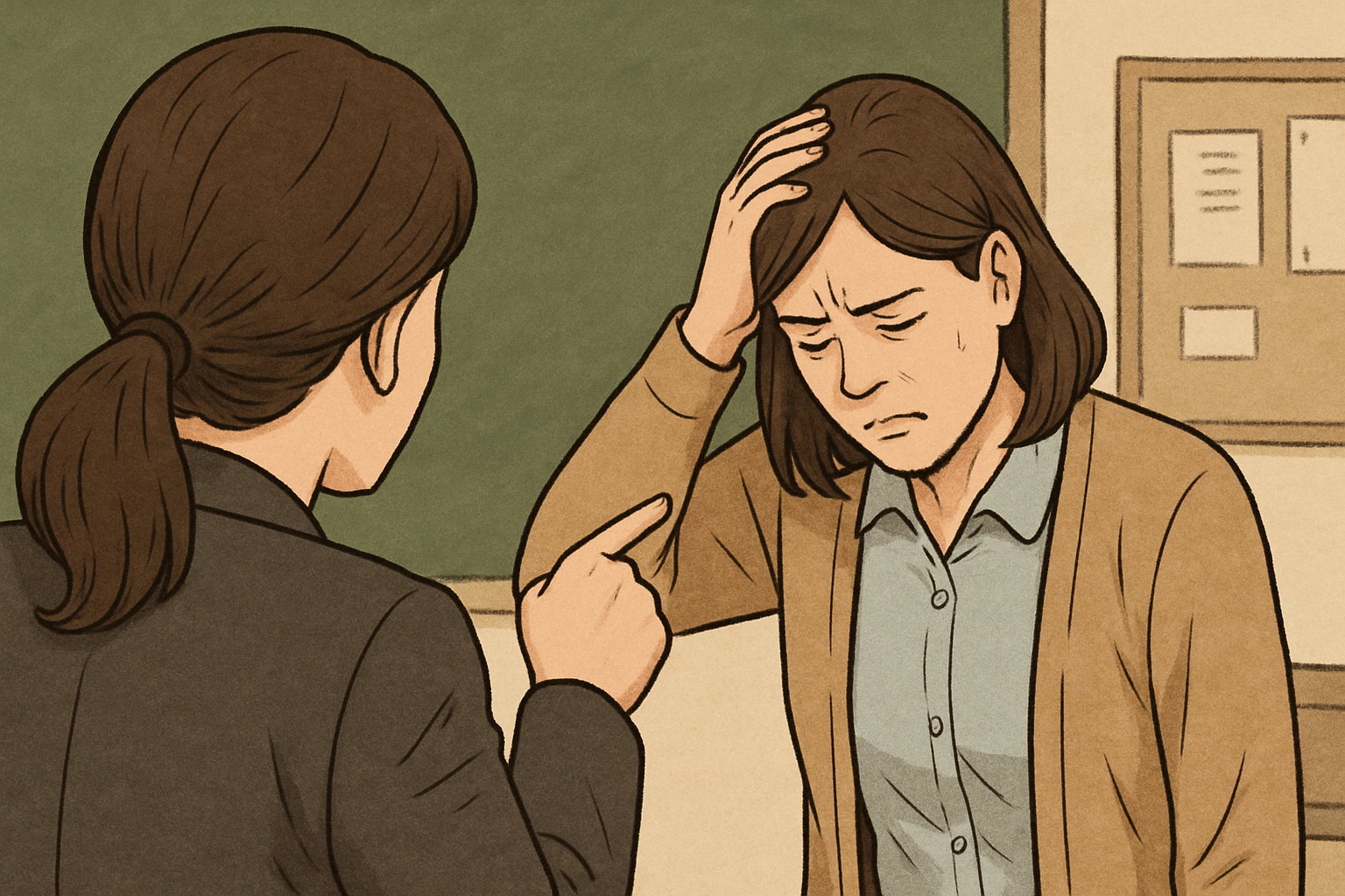 챗GPT가 그린 학부모의 교권 침해에 괴로워하는 교사 이미지.