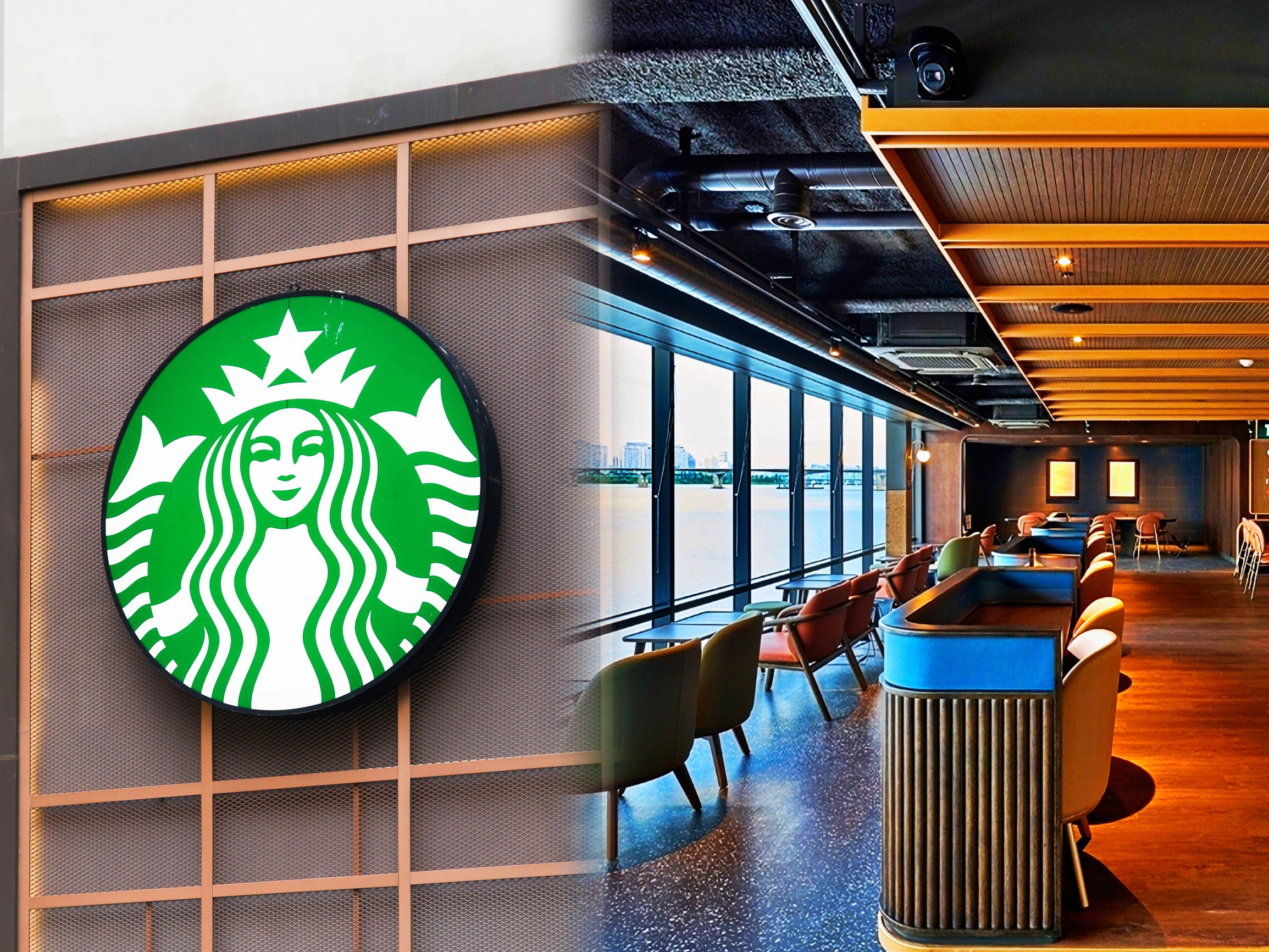 스타벅스 간판(왼쪽)과 스타벅스 여의도한강공원점 내부(오른쪽). 언스플래쉬·스타벅스코리아 제공