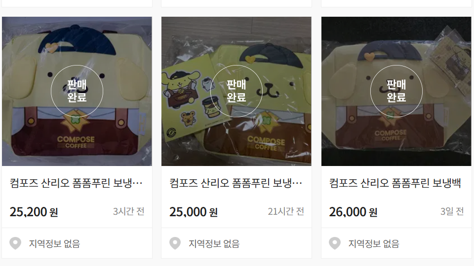 중고 거래 시장에서 컴포즈 산리오 폼폼푸린 보냉백 제품이 2만 5000원 안팎으로 거래되고 있다.
