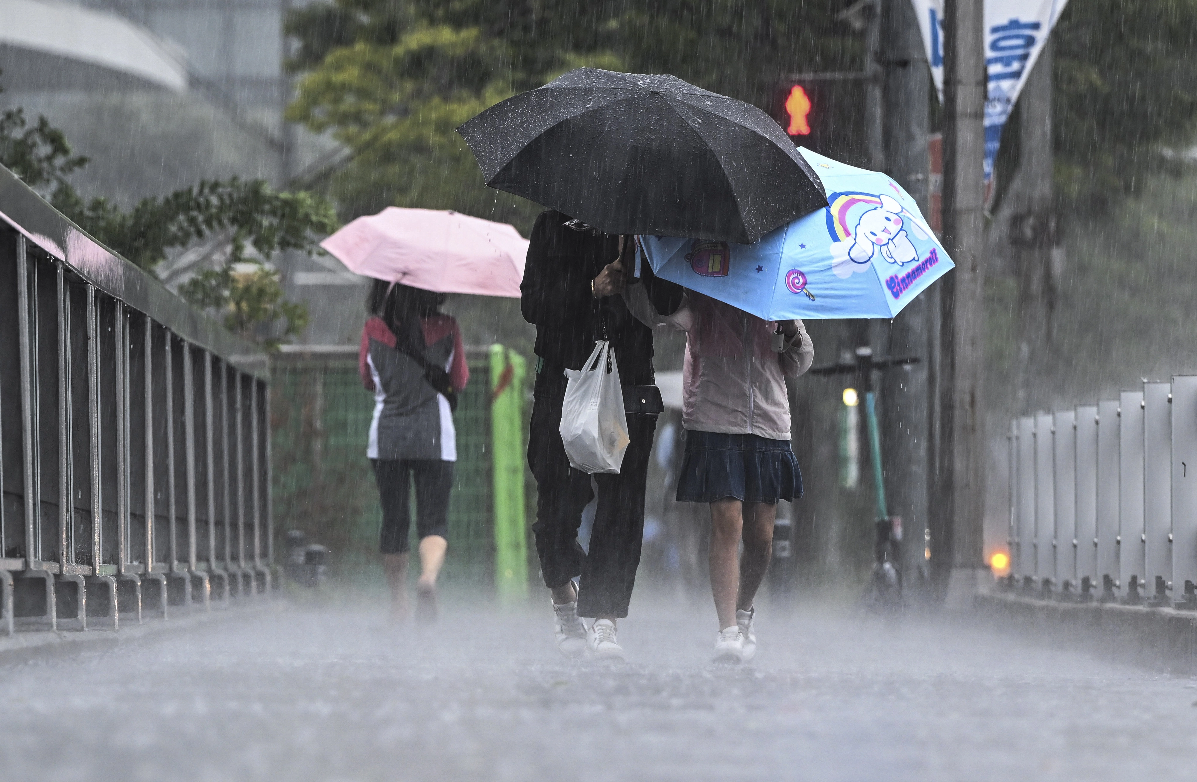 서울 일부 지역에 호우 특보가 발효된 13일 서울 마포구 불광천 인근에서 우산을 쓴 시민들이 발걸음을 재촉하고 있다. 2025.8.13 이지훈 기자