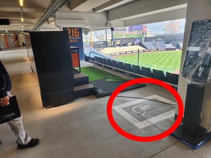 한화생명볼파크 장애인석을 가린 카펫을 걷어내자 장애인석 표식이 드러나 보이고 있다. 대전시 제공
