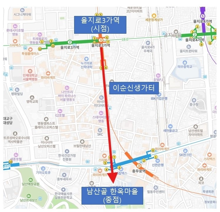 ‘이순신길’ 명예도로 위치  ‘이순신길’ 명예도로 위치
중구 제공