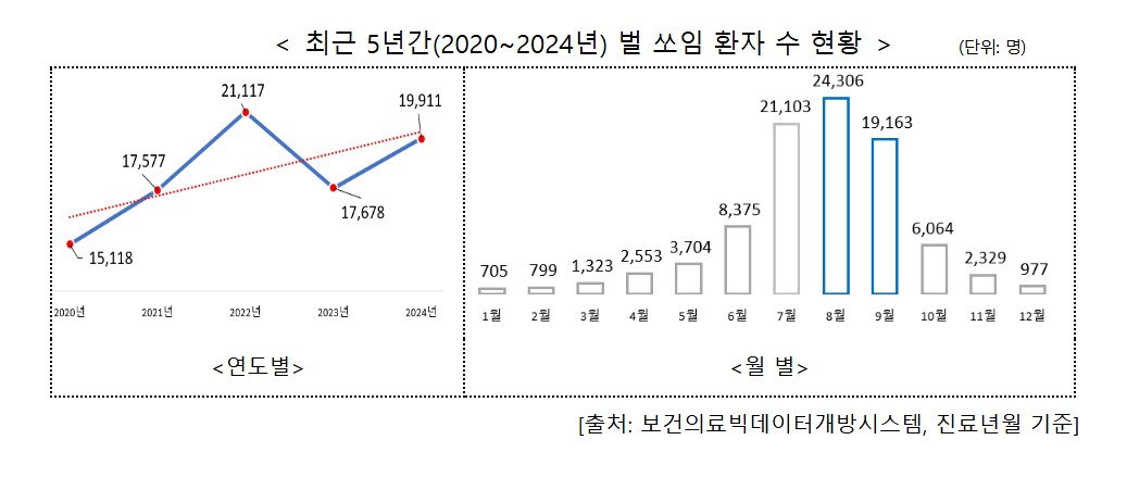 2020~2024년 벌 쏘임 환자 수 현황. 행정안전부 제공