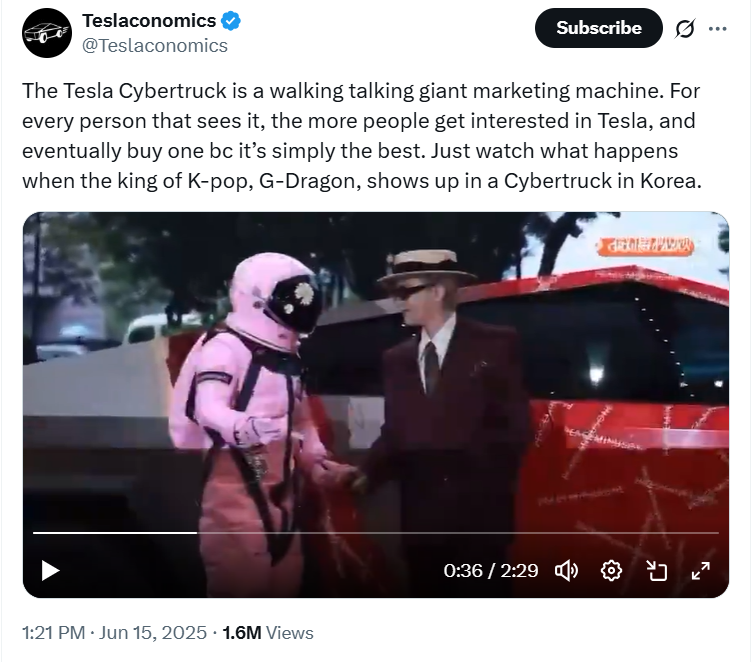 지난 6월 가수 지드래곤이 사이버트럭을 타고 행사장에 등장했다. ‘테슬라코노믹스(Teslaconomics)’ 엑스(X) 캡처