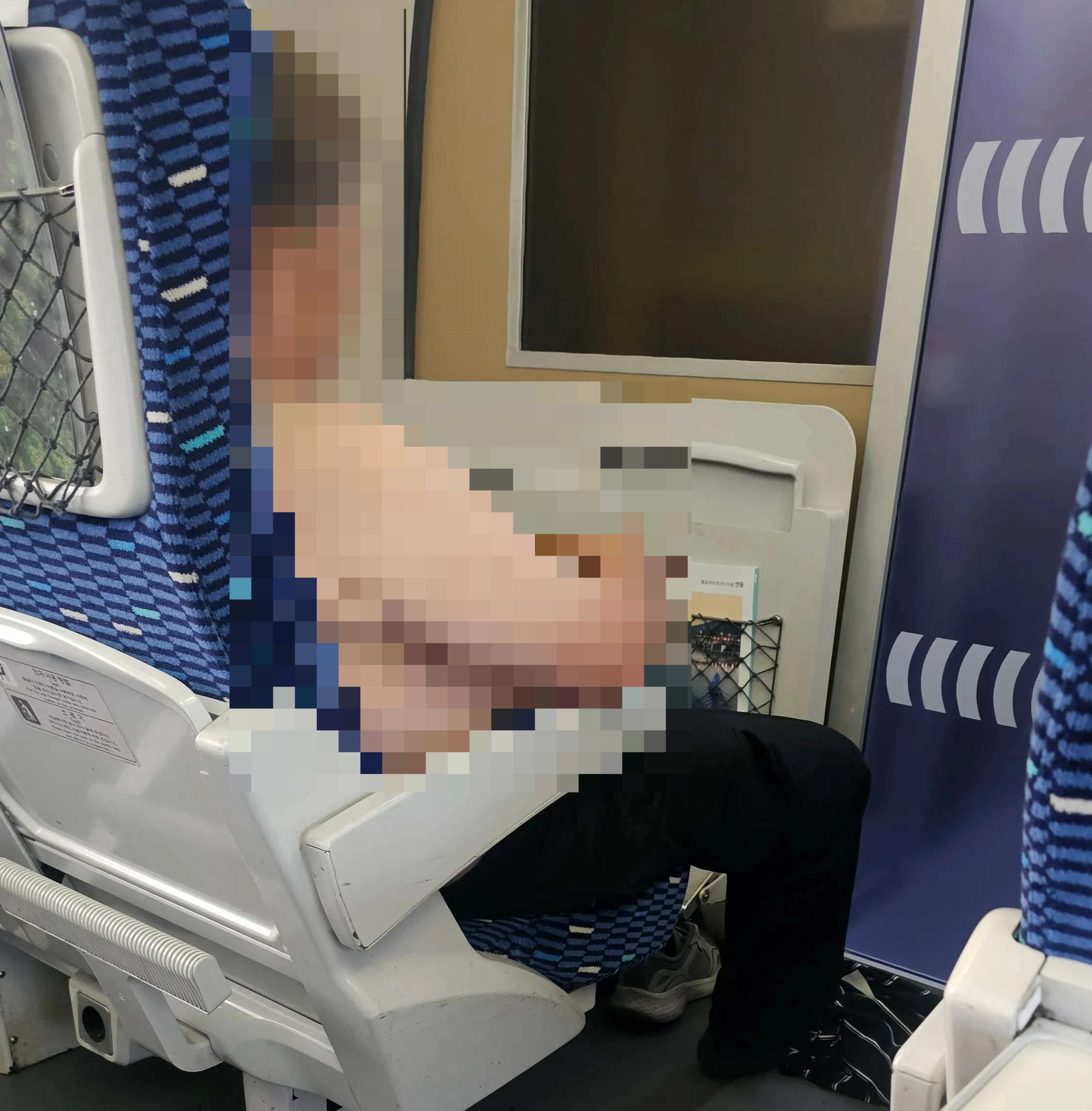 KTX 열차에서 상의를 탈의한 민폐 승객을 봤다는 목격담이 온라인상에서 화제다(사진 일부 모자이크 처리함). 온라인 커뮤니티 ‘보배드림’ 캡처