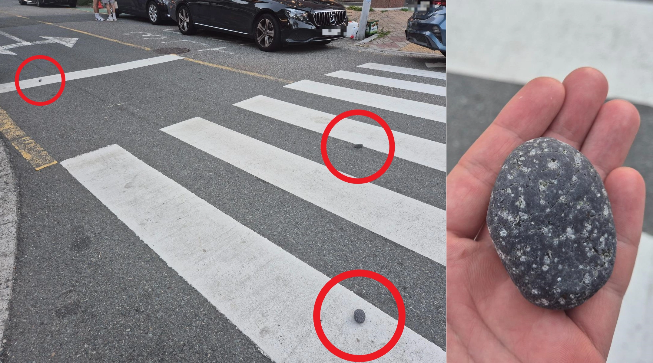 부산의 한 3층 건물 옥상에서 돌이 날아와 차량이 파손되고 사람이 맞을 뻔했다는 사연이 전해졌다(사진 일부 모자이크 처리함). 온라인 커뮤니티 ‘보배드림’ 캡처