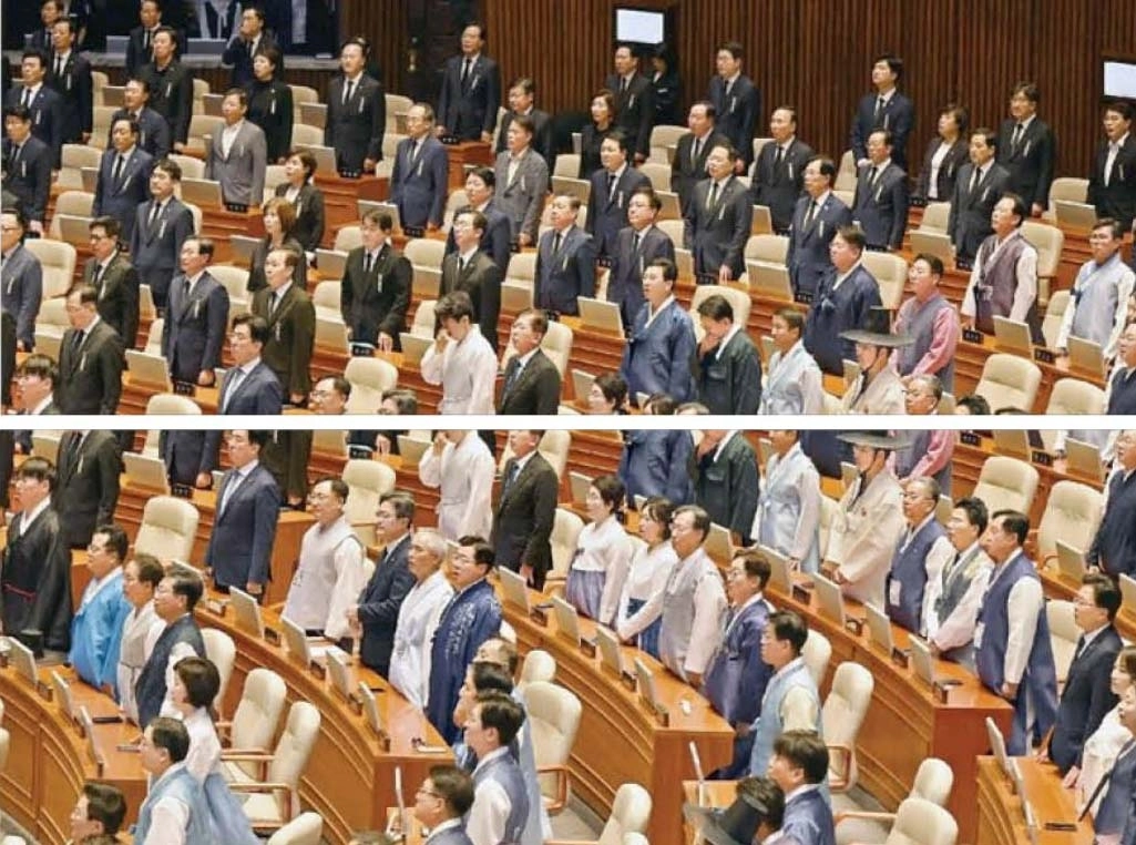 한복 vs 상복… 갈라진 국회  더불어민주당 의원들과 국민의힘 의원들이 1일 국회에서 열린 정기국회 개회식에 각각 한복과 상복 차림으로 참석해 ‘드레스 코드 대결’을 벌였다. 정기국회 첫날부터 여야가 상반된 모습을 보이며 극한 대치를 예고했다. 
안주영 전문기자