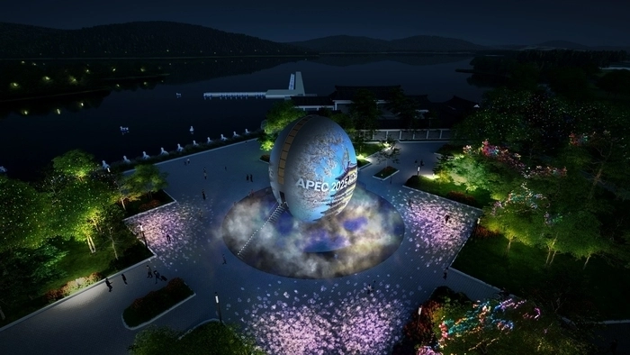 ‘2025년 APEC 대한민국 경주 정상회의’ 기간 경주 보문호 호반광장에서 선보일 신라 왕실과 부활을 상징하는 알 모양의 조형물 조감도. 
경북문화관광공사 제공