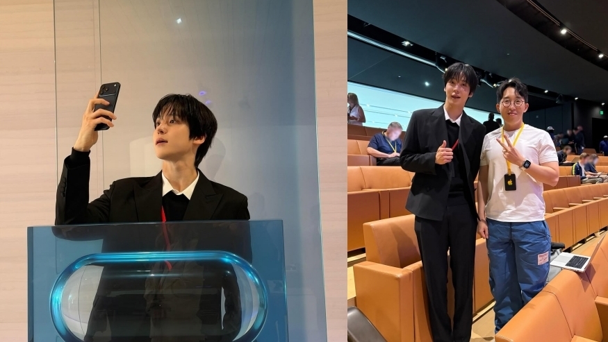 애플 신제품 행사에 참석한 윤호는 행사장 곳곳에서 촬영한 인증샷(왼쪽)을 공개했다. 구독자 276만명을 보유한 국내 테크 유튜버 잇섭과 함께 찍은 사진(오른쪽)도 올렸다. 윤호 인스타그램 게시물 캡처